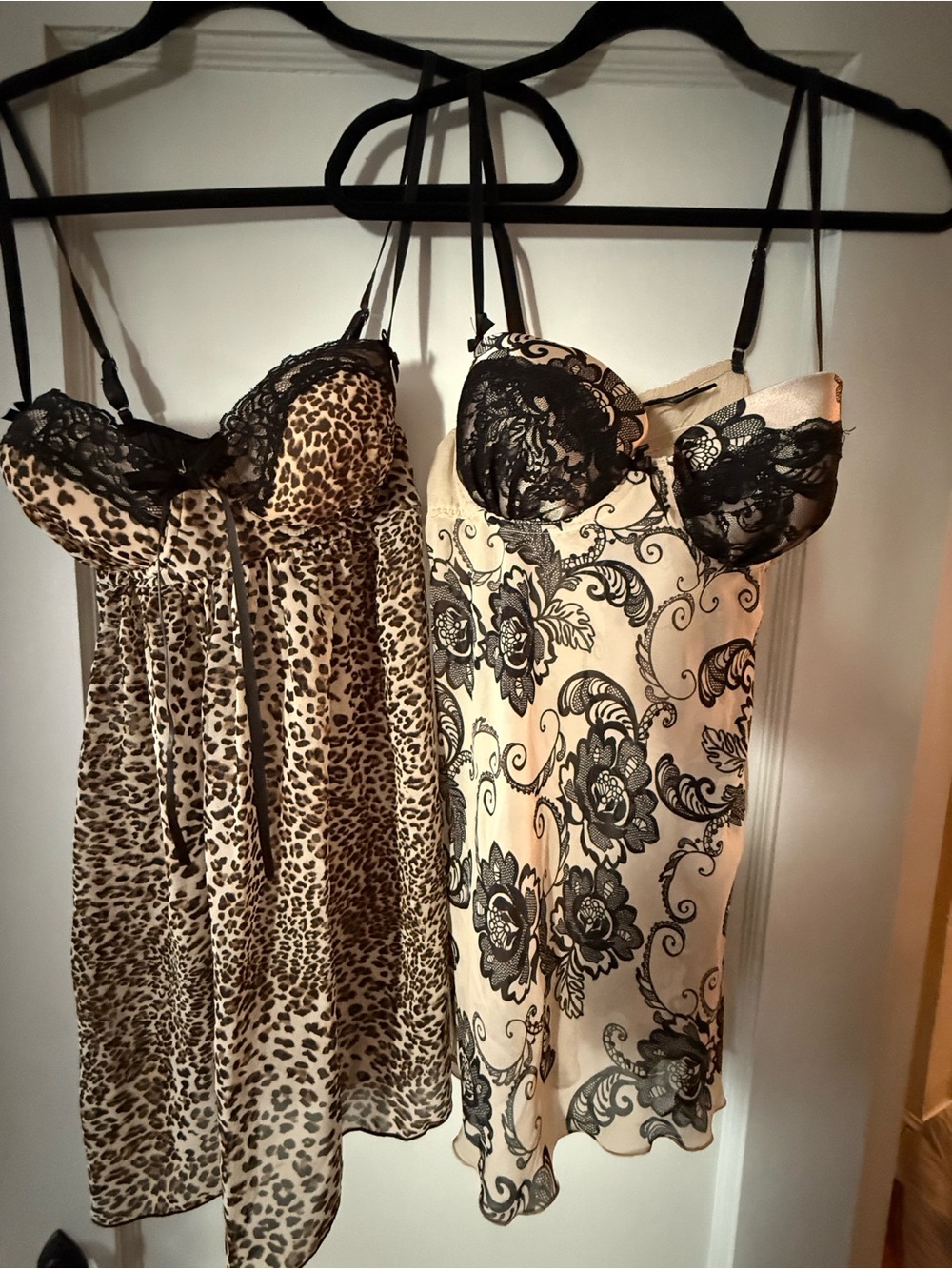 Black Lace-Trim Leopard & Floral Satin Chemise (Set of 2)